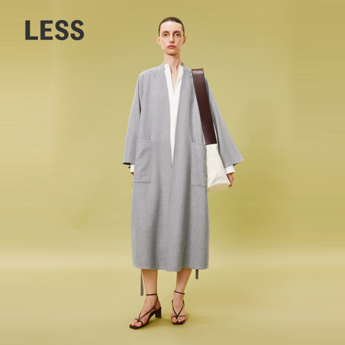 LESS春慵懒感简约纯色绵羊毛无领气质长款风衣外套2O2910140