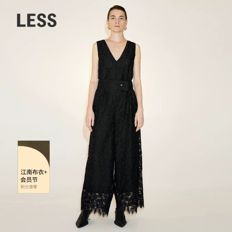 LESS春季桑蚕真丝无袖V领别致感蕾丝阔腿连体裤女2N2F142