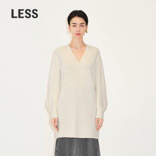 LESS秋季 针织连衣裙2M9G12170 绵羊毛裙子女V领宽松休闲风长袖
