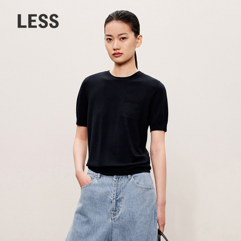 LESS秋款绵羊毛圆领针织衫休闲简约短袖套头毛衫女2O73137