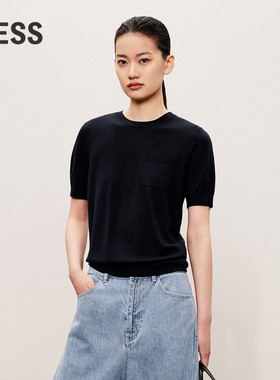 LESS秋款绵羊毛圆领针织衫休闲简约短袖套头毛衫女2O7313700