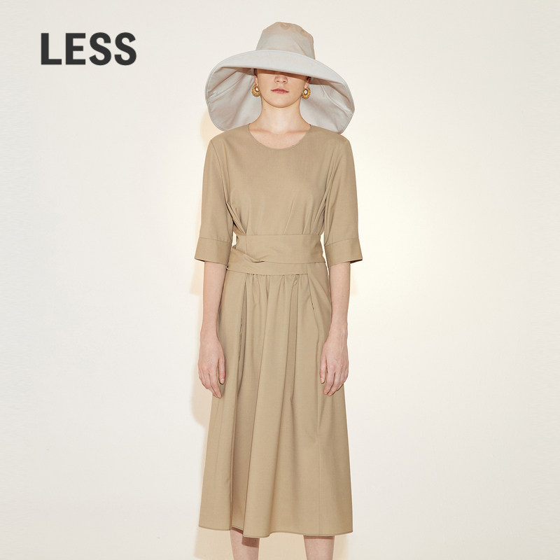 LESS夏季裙子女中长款休闲简约圆领系带中袖连衣裙2N4G148
