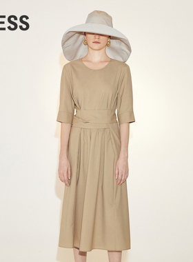 LESS夏季裙子女中长款休闲简约圆领系带中袖连衣裙2N4G14800