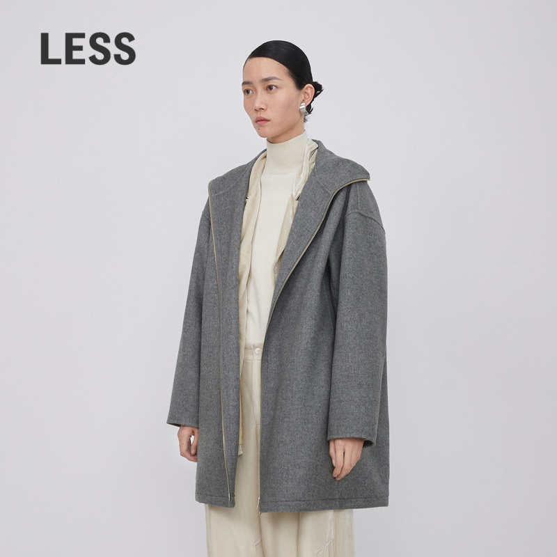 LESS春季简约休闲连帽拉链双面中长款开衫羊毛呢大衣女2O1813890