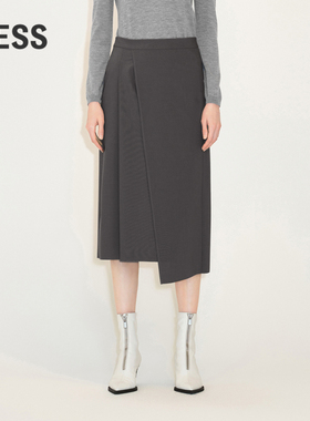 LESS绵羊毛腰裙女简约气质干练高腰不规则中长款半身裙2M9D11110
