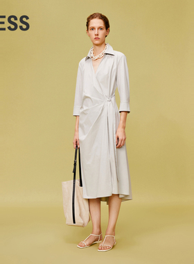 LESS棉质系带连衣裙法式气质通勤收腰显瘦长款衬衫裙子2O3G11660