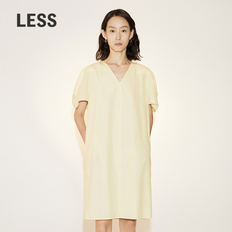 LESS夏季棉质裙子V领花苞袖短袖连衣裙2N5G12470