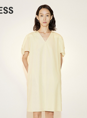 LESS夏季棉质裙子V领花苞袖短袖连衣裙2N5G12470