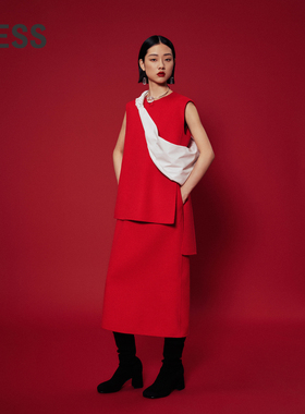 LESS小圆领假两件叠穿式设计长裙绵羊毛宽松无袖连衣裙2OBG13820