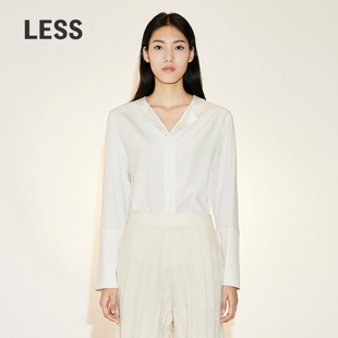 LESS桑蚕真丝衬衣女缎面简约休闲长袖 2N2211120 V领套头衬衫