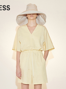 LESS夏季连体衣女休闲简约短款V领收腰短袖度假风连体裤2N6F13830