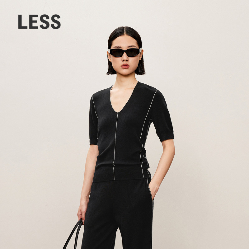LESS秋修身简约针织衫直筒短袖V领含绵羊毛套头毛衫女2O831