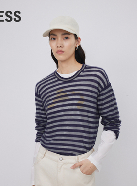 LESS绵羊毛薄款针织衫女休闲圆领经典条纹圆领上衣2O1313970