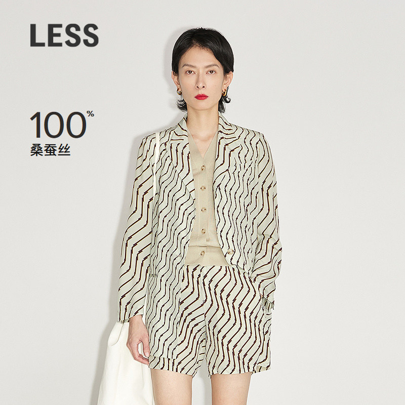 LESS桑蚕真丝西装女休闲时尚个性条纹印花丝绸西服2M77001