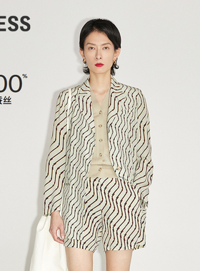 LESS桑蚕真丝西装女休闲时尚个性条纹印花丝绸西服2M7700170