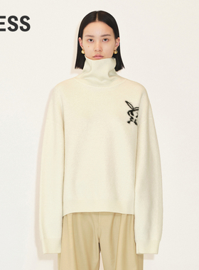 LESS春季绵羊毛针织衫女兔子印花休闲宽松高领毛衣2N1310130