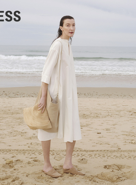 LESS夏季休闲中袖白色箱型V领衬衫长款连衣裙宽松含腰带2O4G11290