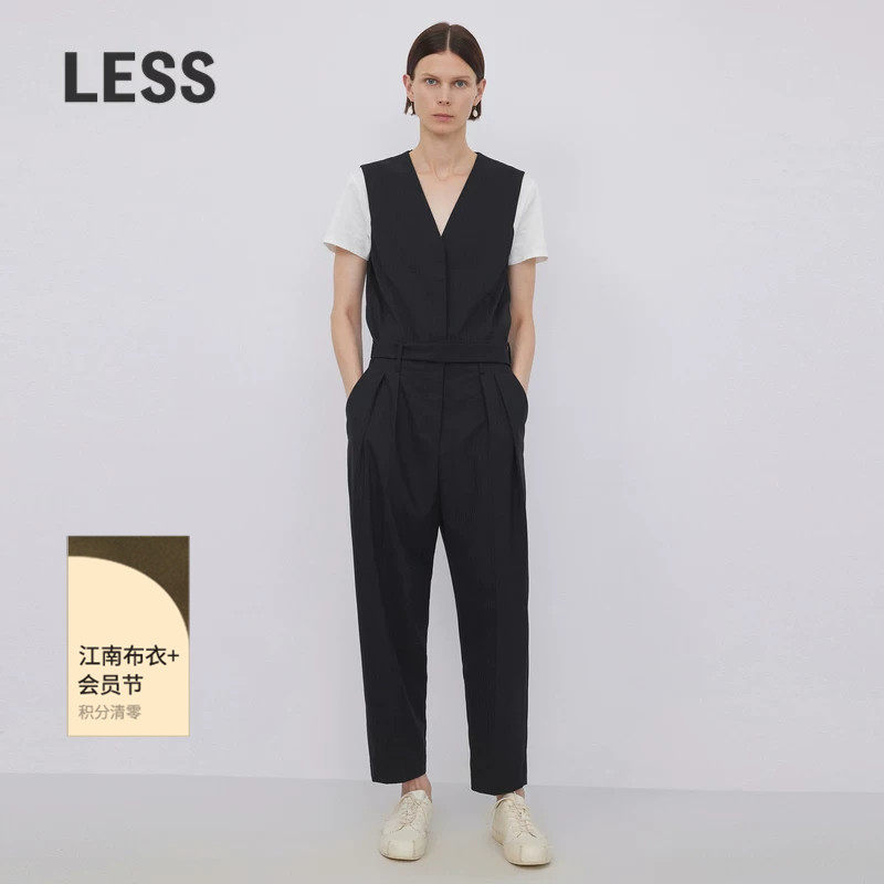 LESS春秋V领连体衣女V领通勤气质拼接撞色短袖连体裤2N7F1