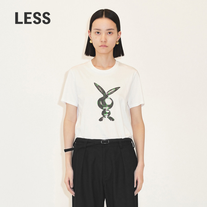 LESS春季棉质T恤女兔子印花休闲简约圆领短袖上衣2N11100