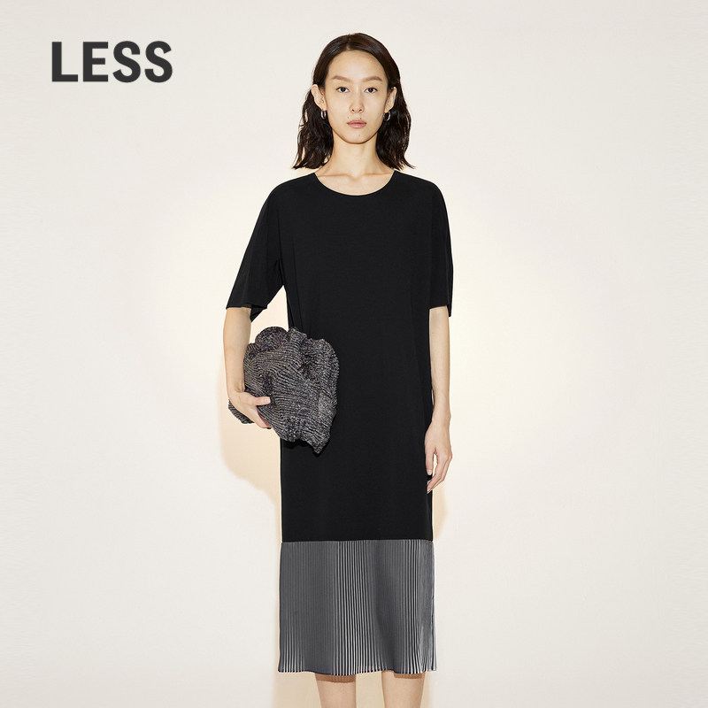 LESS夏季直筒短袖裙子女圆领T恤连衣裙2N4G11470