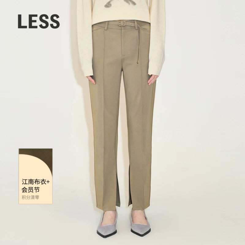 LESS春季裤子女复古高腰显瘦裤脚开叉直筒休闲西装长裤2N1E10930