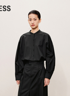 LESS秋绵羊毛休闲简约衬衣立领宽松中长款长袖衬衫女2O9210410