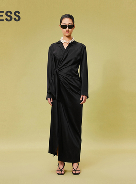 LESS黑色桑蚕真丝长袖连衣裙女设计感气质抽褶收腰长裙2O3G11820