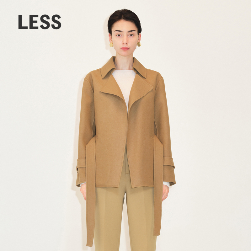 LESS翻领系带宽松短款呢大衣