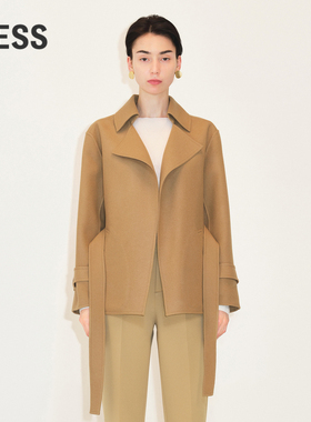 LESS冬季绵羊毛大衣女翻领系带短款羊毛呢外套2M0810340