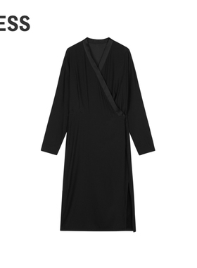 LESS秋桑蚕真丝休闲简约时尚长裙设计感长袖V领连衣裙女2O8G14720