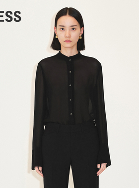 LESS桑蚕真丝衬衫女简约修身气质舒适长袖立领丝绸衬衣2M9210110