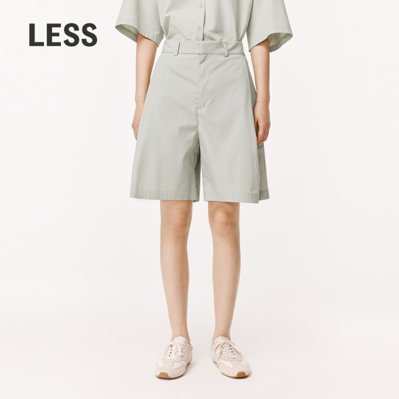 LESS夏季休闲简约阔腿短裤女棉质宽松褶百慕大中裤子女2O5E10740