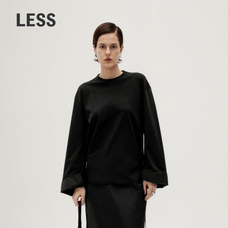 LESS棉质圆领长袖T恤女大袖口设计感窄版时尚简约上衣2O111