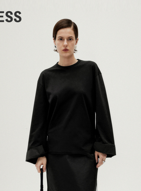 LESS棉质圆领长袖T恤女大袖口设计感窄版时尚简约上衣2O1112060