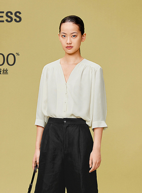 LESS通勤感桑蚕真丝褶皱宽松衬衫女休闲简约V领中袖衬衣2O5213590