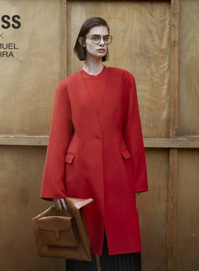 【LESSxSamuel】冬羊毛大衣V领中长款红色新年毛呢外套2NB810490