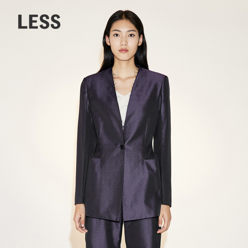 LESS春季桑蚕真丝西服女气质无领毛边西装外套2N2715010