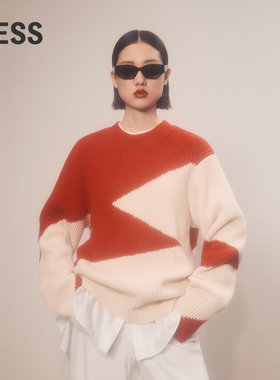 LESS冬绵羊毛休闲拼色针织衫设计感圆领长袖套头毛衫女2OB313740