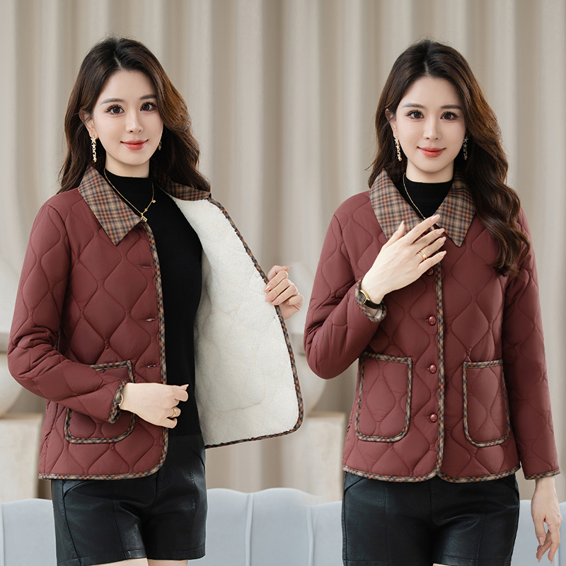 妈妈冬装新款加绒翻领小棉衣外套