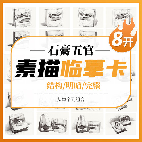 国美石膏五官临摹卡8K 头像五官卡片高清精微意画卡明暗结构初级创意学照片作品自学基础入门无门槛教材教学美术绘画对照描摹练习