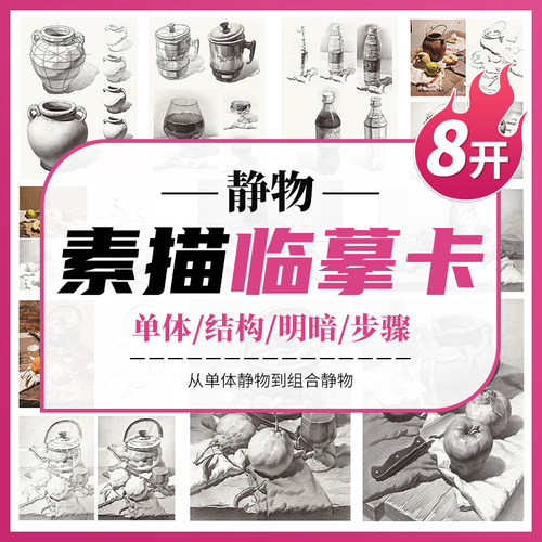 素描静物临摹卡8K 卡片高清精微创意石膏画卡单体明暗结构国美初级学照片作品自学基础入门画册书教材教学美术绘画对照描摹练习卡