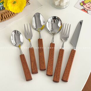 ins风长柄勺子木柄刀叉西餐牛排刀家用不锈钢餐具甜品蛋糕叉子