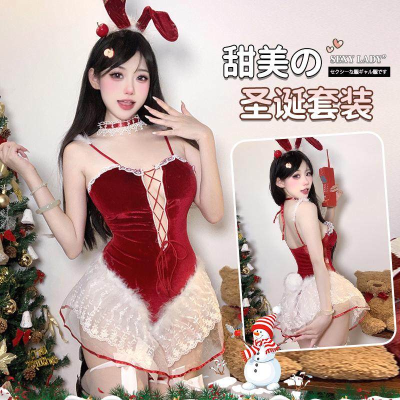 坏小喵 性感圣诞兔女郎连体衣丝绒吊带裙新年红角色扮演睡裙套装