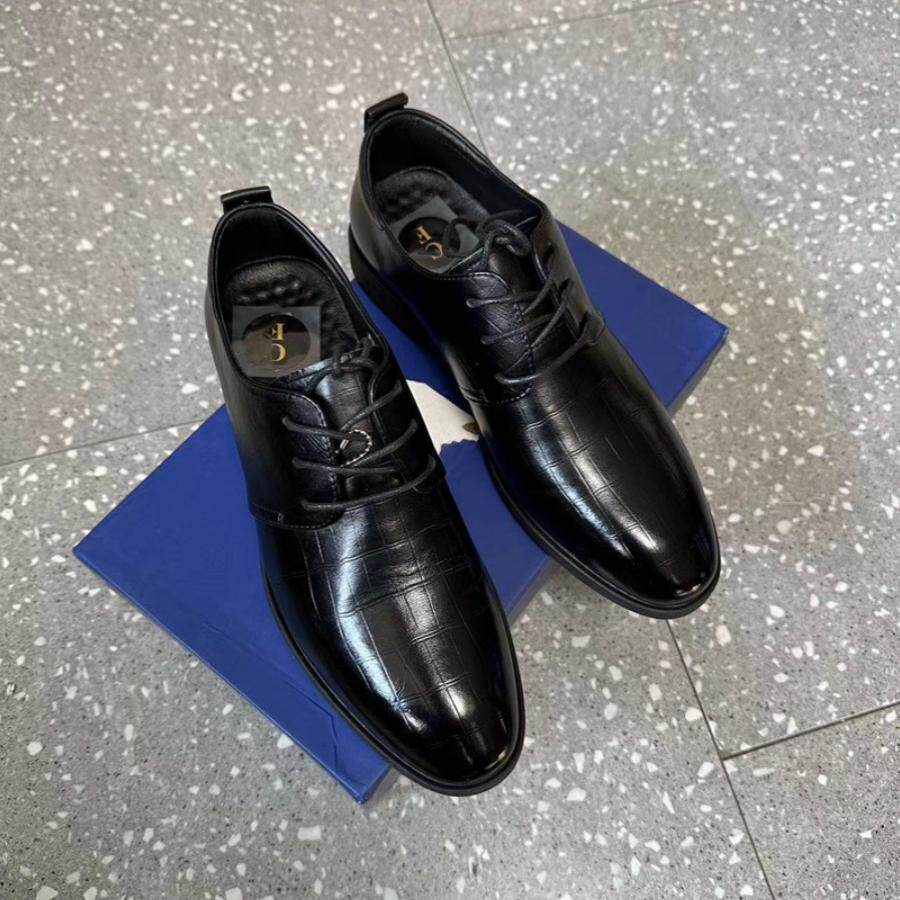 头层牛皮质感压花系带真皮皮鞋男