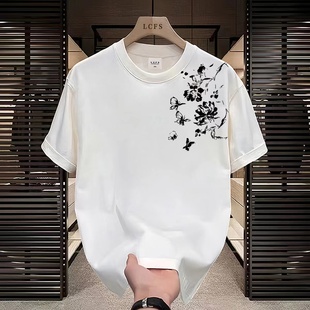 夏季大码个性黑白蝴蝶和花印花男士短袖t恤重磅纯棉时尚百搭T恤衫