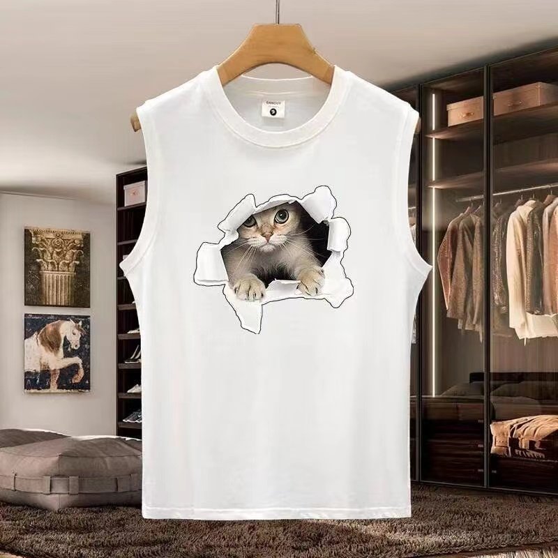 重磅230克纯棉背心男士夏季破洞小猫咪印花坎肩运动健身无袖T恤衫,男装,T恤,淘宝优惠券,粉丝福利购,淘宝优惠卷