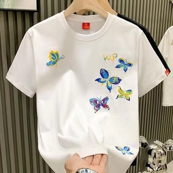 夏季大码个性彩色蝴蝶飞舞花印花男士短袖t恤重磅纯棉时尚百搭T恤