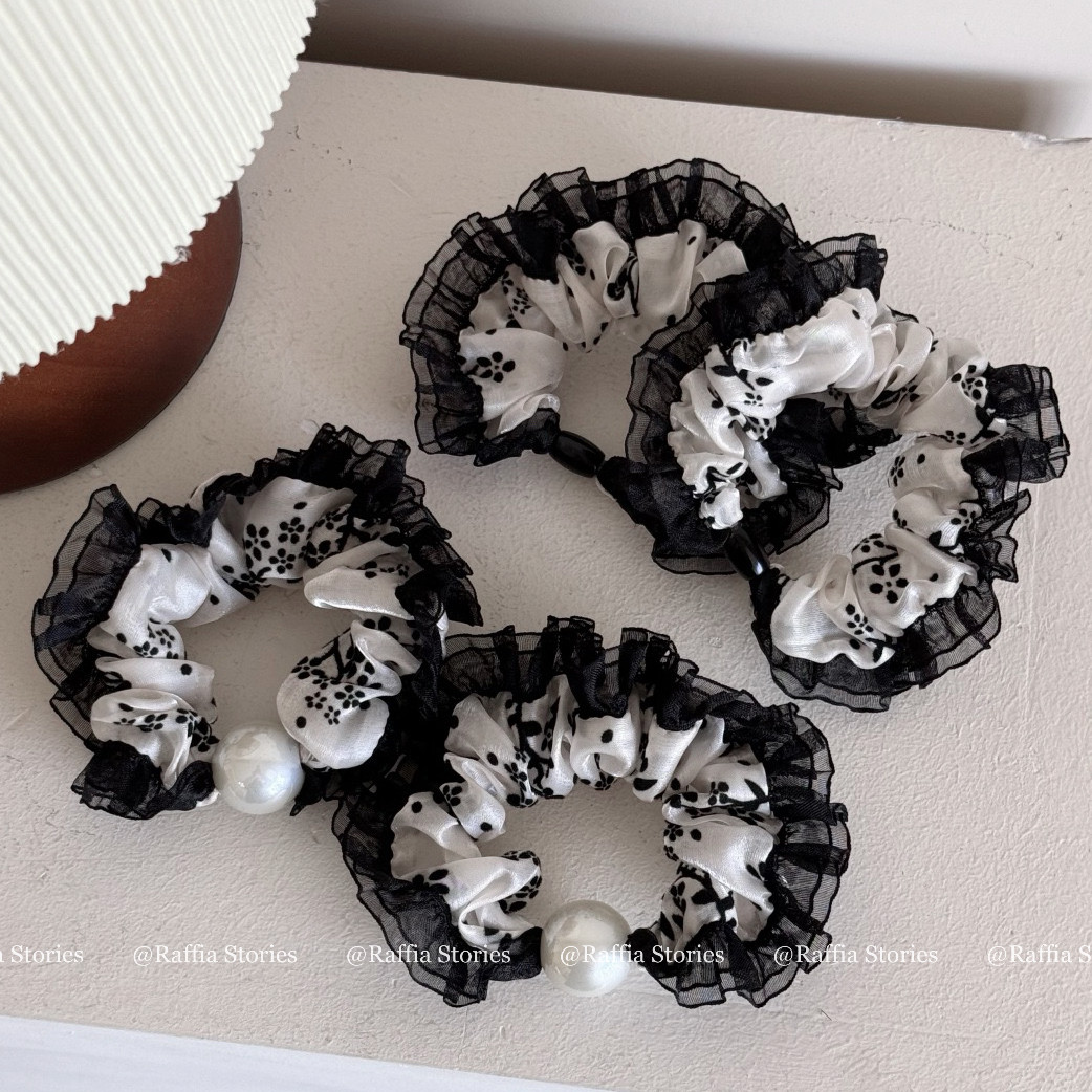 Raffia黑白色系碎花小肠发圈新中式气质黑纱边拼接头花发绳发饰