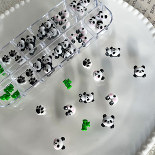 国风熊猫卡通美甲饰品呆萌可爱立体熊猫竹子猫爪树脂钻穿戴甲配饰