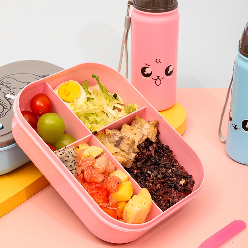 卡通儿童午餐便当盒水壶四格塑料饭盒水杯套装可微波炉加热餐盒
